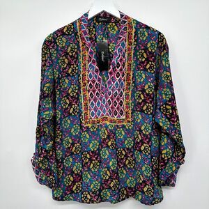 Tolani 100% Silk Top Shirt Blouse Size Large Anyra Pink Ikat‎ Long Sleeve New